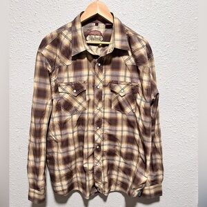 Rafter C Brown and cream plaid button-up shirt with pearl snap Size XL